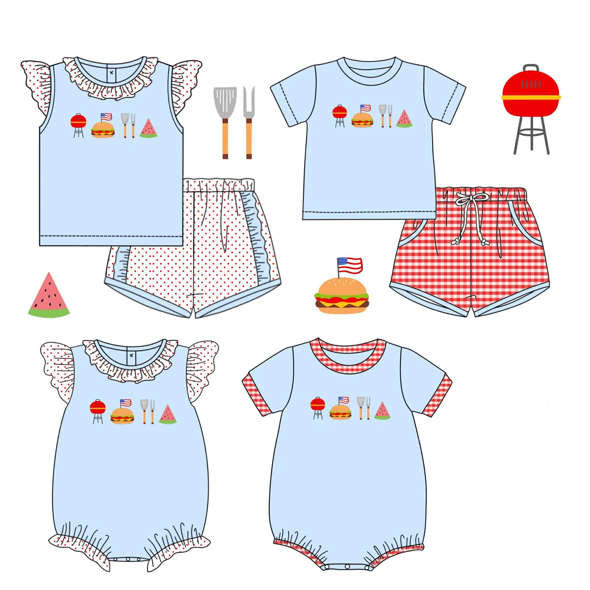 Boutique Children's Clothing Cartoon Watermelon Burger Print Short Sleeve Girl Set Bubble Romper Shorts Boy Set Sibling Set