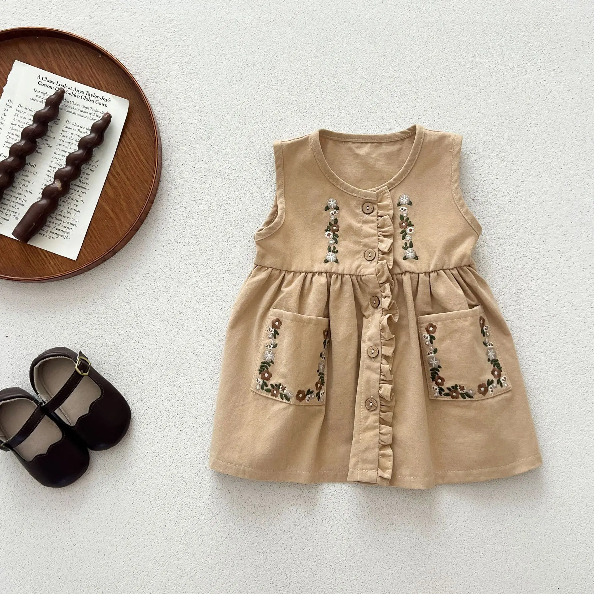 Spring Autumn Princess Style 2 Pcs Outfit For Baby Girls, Peter Pan Collar Embroidered Long Sleeve Top And Pinafore Dress Set