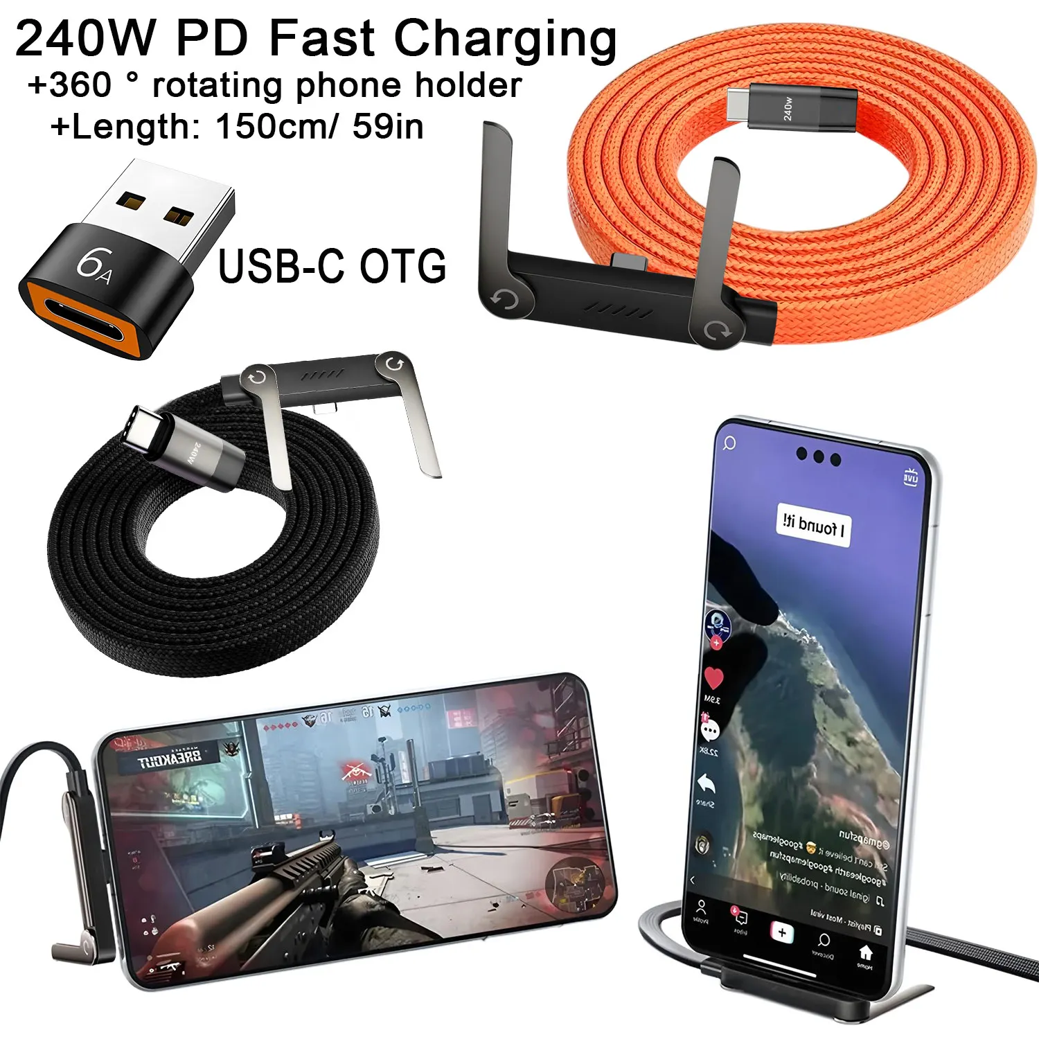 240W 2-in-1 Fast Charging Foldable Bracket Data Cable Type-C to Type-C USB to Type-C Data Wire with OTG Phone Stand image 3