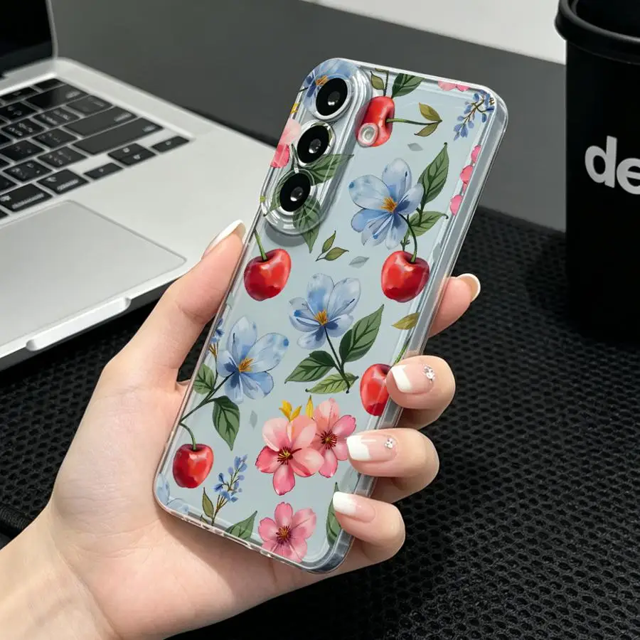 Floral And Cherry Print Case for Samsung Galaxy A33 A52 A25 A51 A26 A24 A34 A35 A36 A27 A56 A50 A55 A23 A54 A15 A52 A31 A14 A16