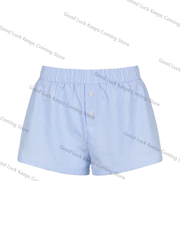 2025 Women's Striped Print Casual Elastic Waist Shorts Fashion Button Detail Streetwear Chic Y2K Loose Fit Basic Summer Shorts
