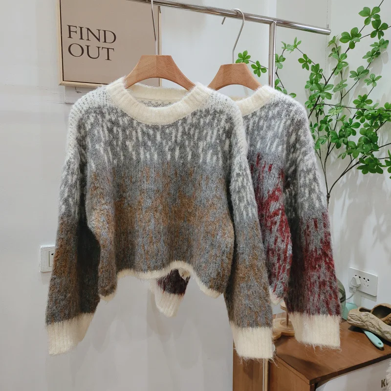 Women Jacquard Fluffy Warm Knit Sweater 2024 Autumn Winter Loose Casual Crop Outfit Women Clothes