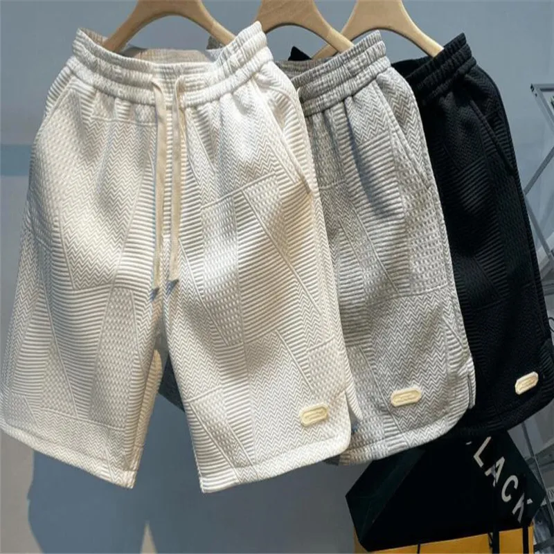 Summer Running Shorts for Men Casual Jogging Sport Short Pants Wave Pattern Solid Color Drawstring Loose Dry Gym Sports Shorts