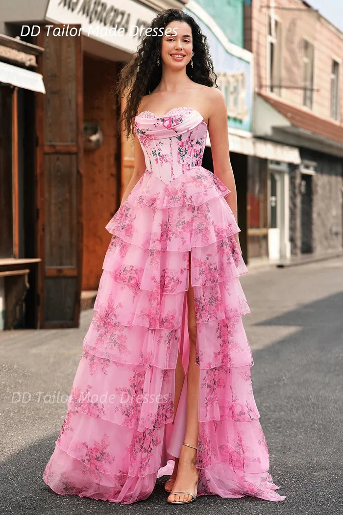 

Floral Print A Line Chiffon Prom Dress With Side Slit Strapless Corset Tiered Pink Long Evening Gown Customized Birthday Wear