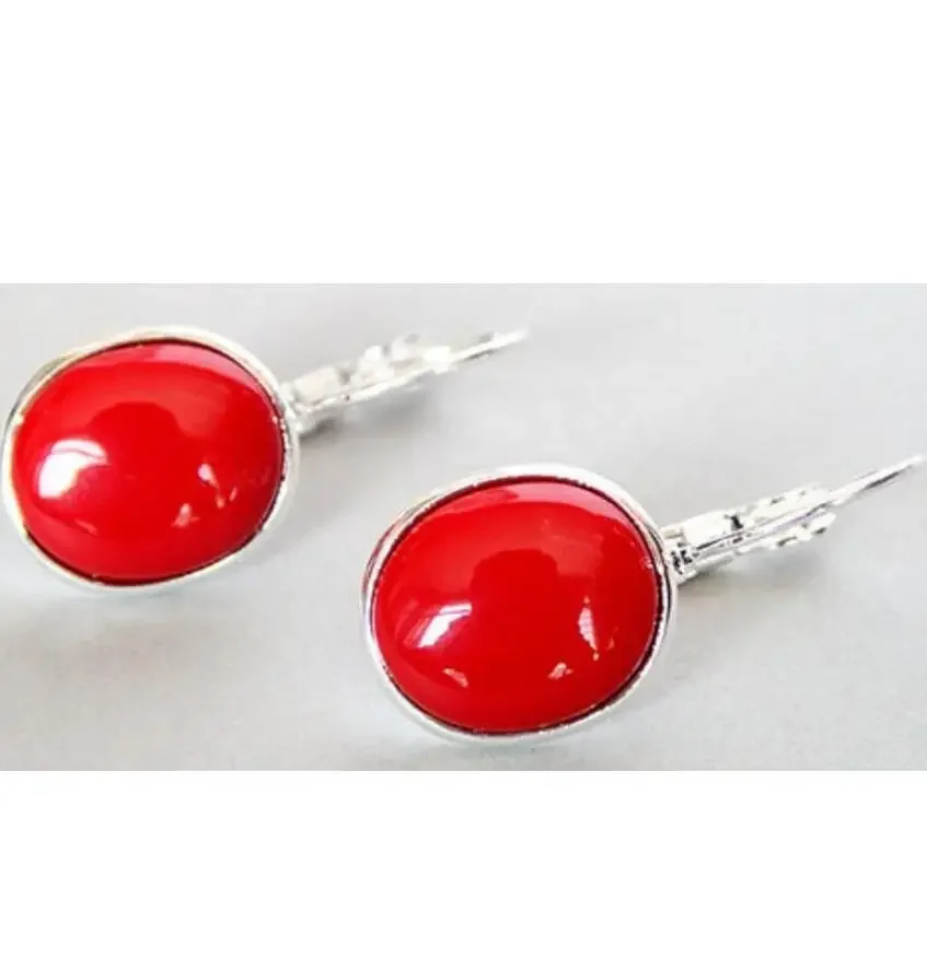 lady's handmade 925 Silver red coral Leverback Earrings 1 1/10