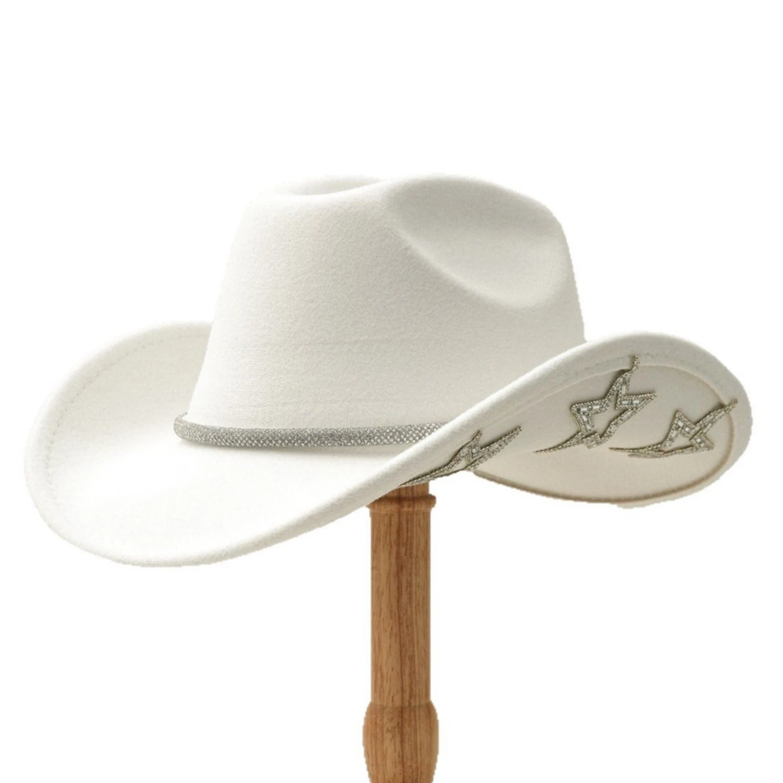 Sombrero de vaquera ostentoso para mujer, sombrero de Jazz de Panamá occidental con ala ancha y estrellas de diamantes de imitación para boda, fiesta Rave, accesorios de viaje