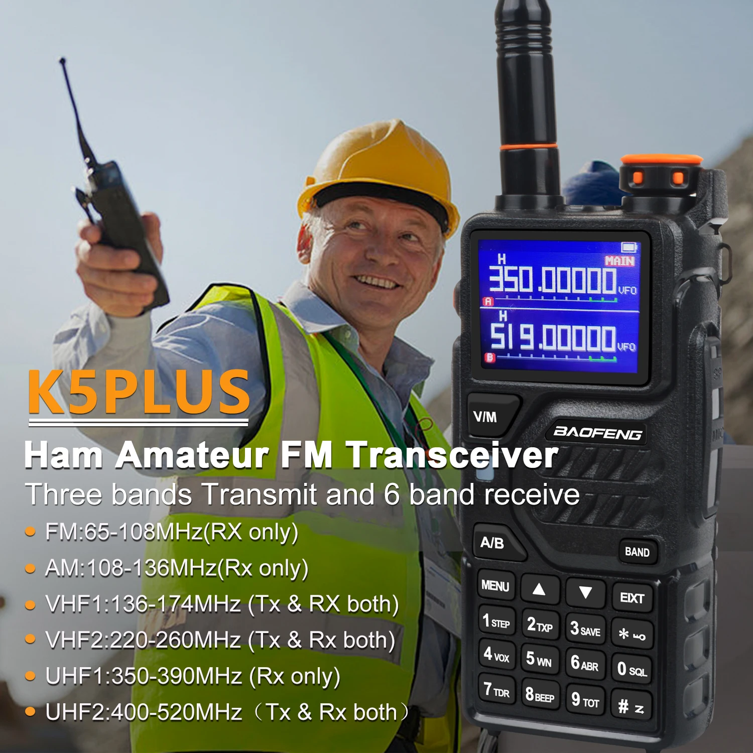 Baofeng Walkie Talkie K5PLUS Tri-band Transmit Six Bands Receive 999ch 8W One Touch Frequency Search Ham Amateur Air Band Radio