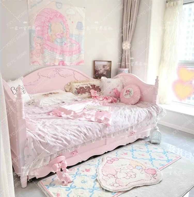 Solid wood carving flower bow children princess pink girl bedroom
