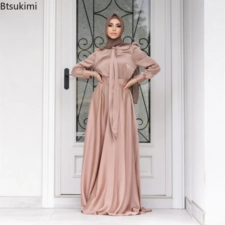 Elegant Satin Dress for Women Muslim Fashion Abaya Hijab Dubai Turkey Evening Dresses Arabic Kaftan Robe Female Islamic Clothing