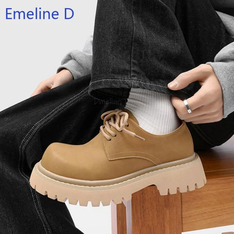 Male Chunky Platform Oxford Shoes Lace Up Wide Square Toe Rugged Anti Slip Thick Sole Trendy Street Style Durable Casual Shoes
