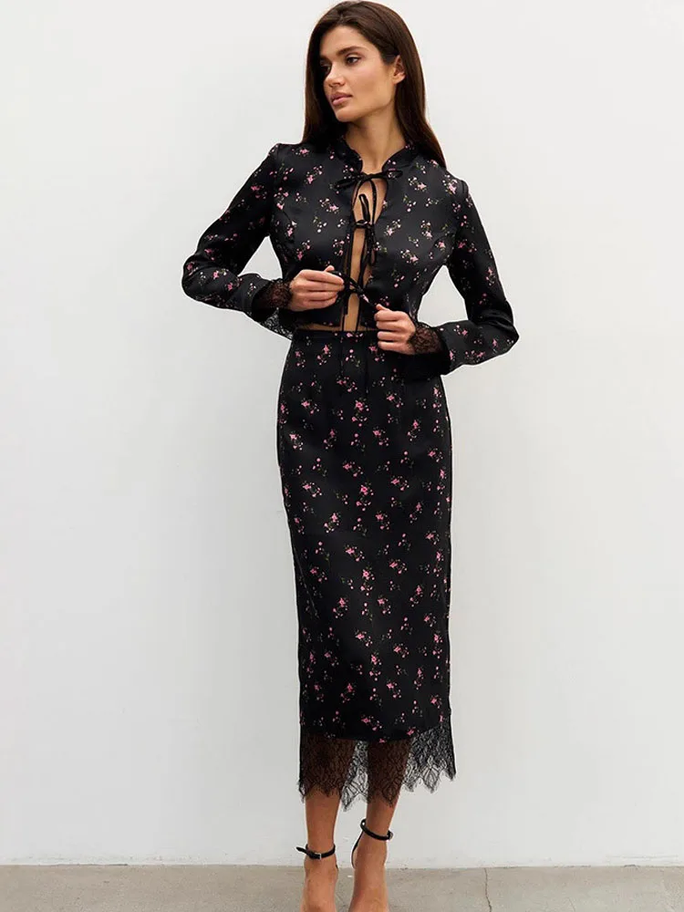 

Винтажный костюм с кружевным принтом BKQU: элегантный кардиган с длинными рукавами на шнуровке и приталенная длинная юбка, комплект из 2 предметов, новинка 2026 года