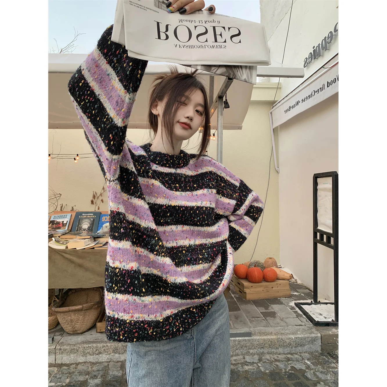 Sweet O-Neck Casual Color Striped Sweaters Female Clothing 2023 Autumn Winter Oversized All-match Pullovers Korean Tops