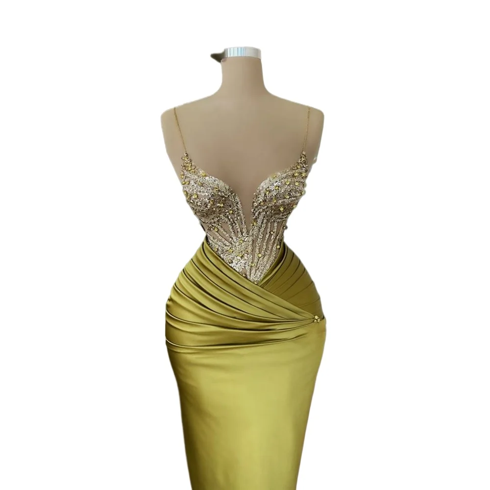 

Exquisite Spaghetti Strap V Neck Floor Length Mermaid Sequined High Quality Women Dinner Party Gowns