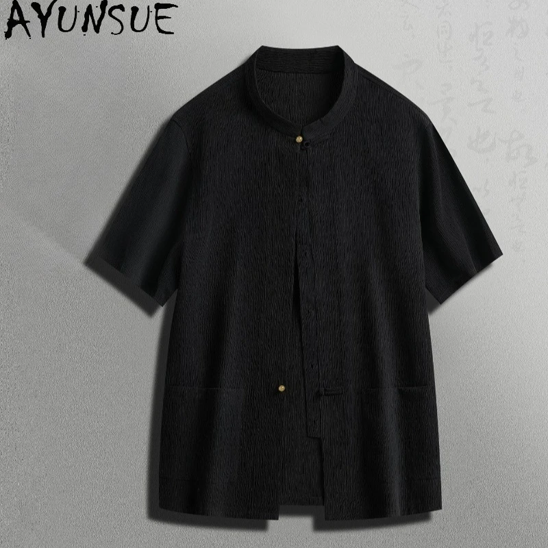 AYUNSUE High-end 100%Natural Mulberry Silk Shirts for Man Luxury Summer Top Short Sleeve Shirts Men Clothing Fashion Black Shirt