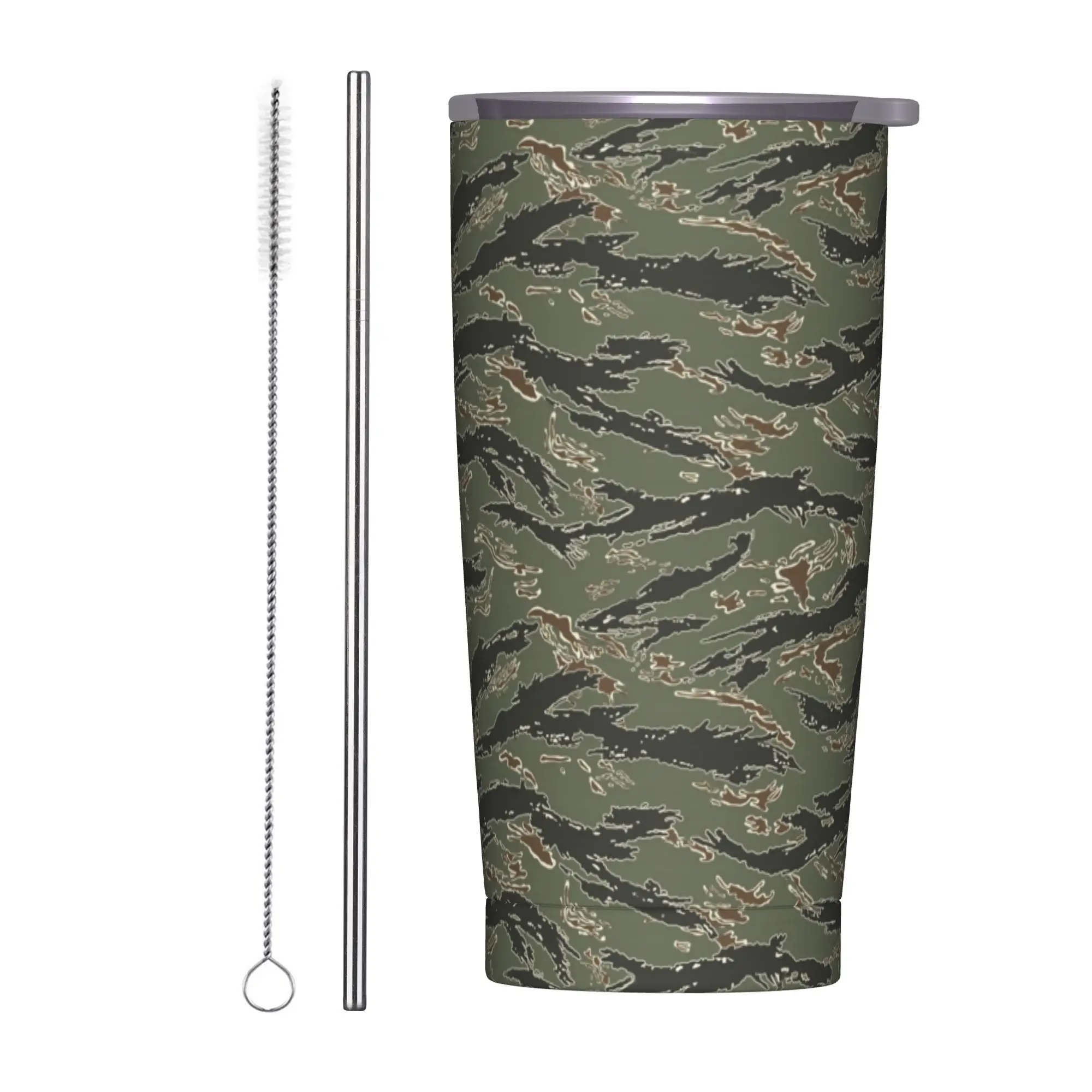 Tiger Stripe Camouflage Insulated Tumbler with Lid Armyy Militarys Camo Vacuum Thermal Mug Double Wall Hot Cold Drinks Cups 20oz