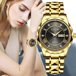 LIGE Casual Sport Watch Ladies Top Luxury All Steel Waterproof Quartz Watches For Women Fashion Gold Watch Women Montres Femmes