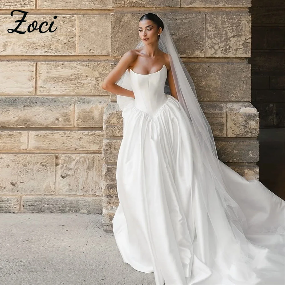 

Zoci Vintage Strapless Wedding Dresses Draped Satin A Line Sleeveless Bride Dress Customized Princess Waist Backless Bridal Gown