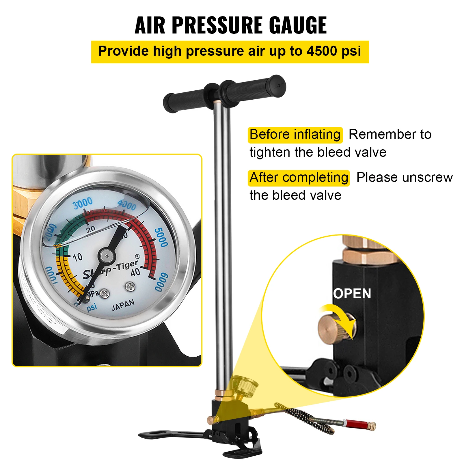 VEVOR Bomba de Aire 4,500 PSI, Inflador de Aire de Bomba con Manómetro de Alta Presión, Inflador de Bomba de Mano de Tres Etapas, Bomba de Aire de Acero Inoxidable de Bicicletas de Pie y Carretera