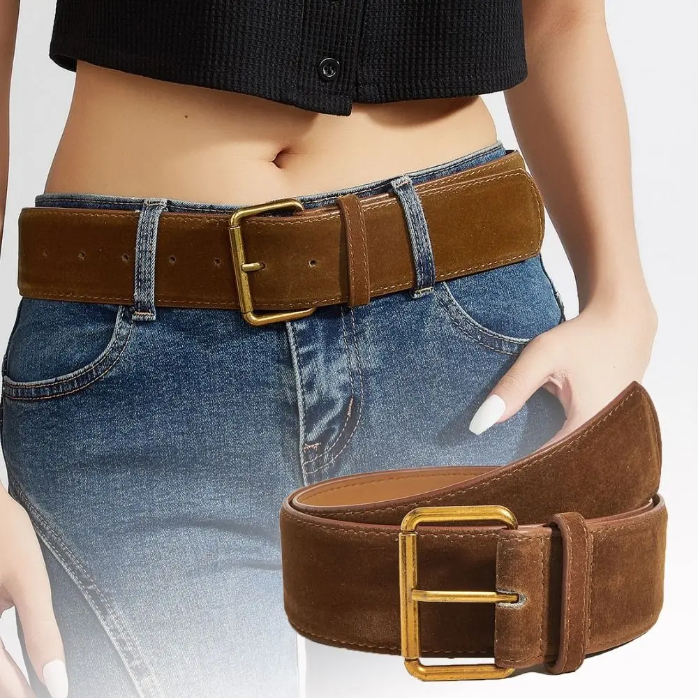 Women Luxury Design Suede Leather Wide Belt Casual Versatile Business Waist Strap Trendy Pin Buckle Waistband