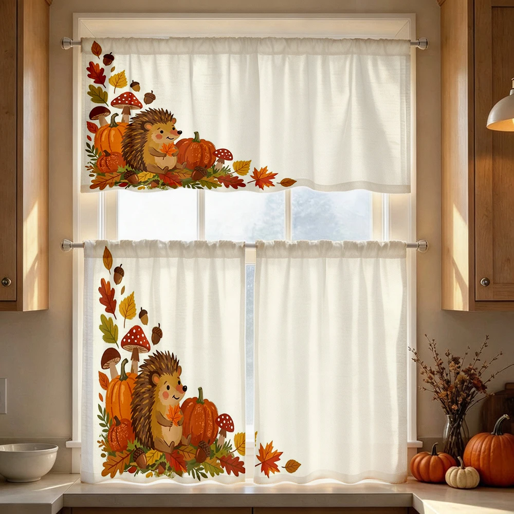 Thanksgiving Fall Kitchen Curtains, Hedgehog Pumpkin, Digital Print, Kitchen Dining Room, Rod Pocket Polyester, Home Decor