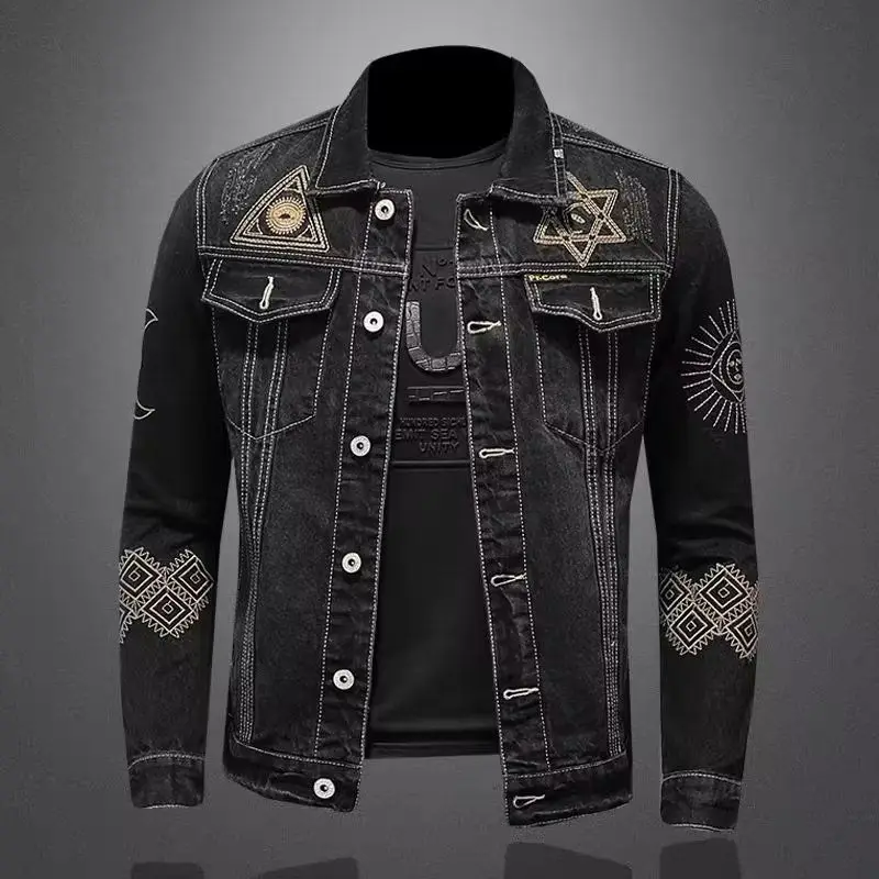 New Spring and Autumn Men\'s Denim Jacket Classic Retro Embroidered Lapel Motorcycle Jacket Trendy Fashion Loose Casual Denim Top