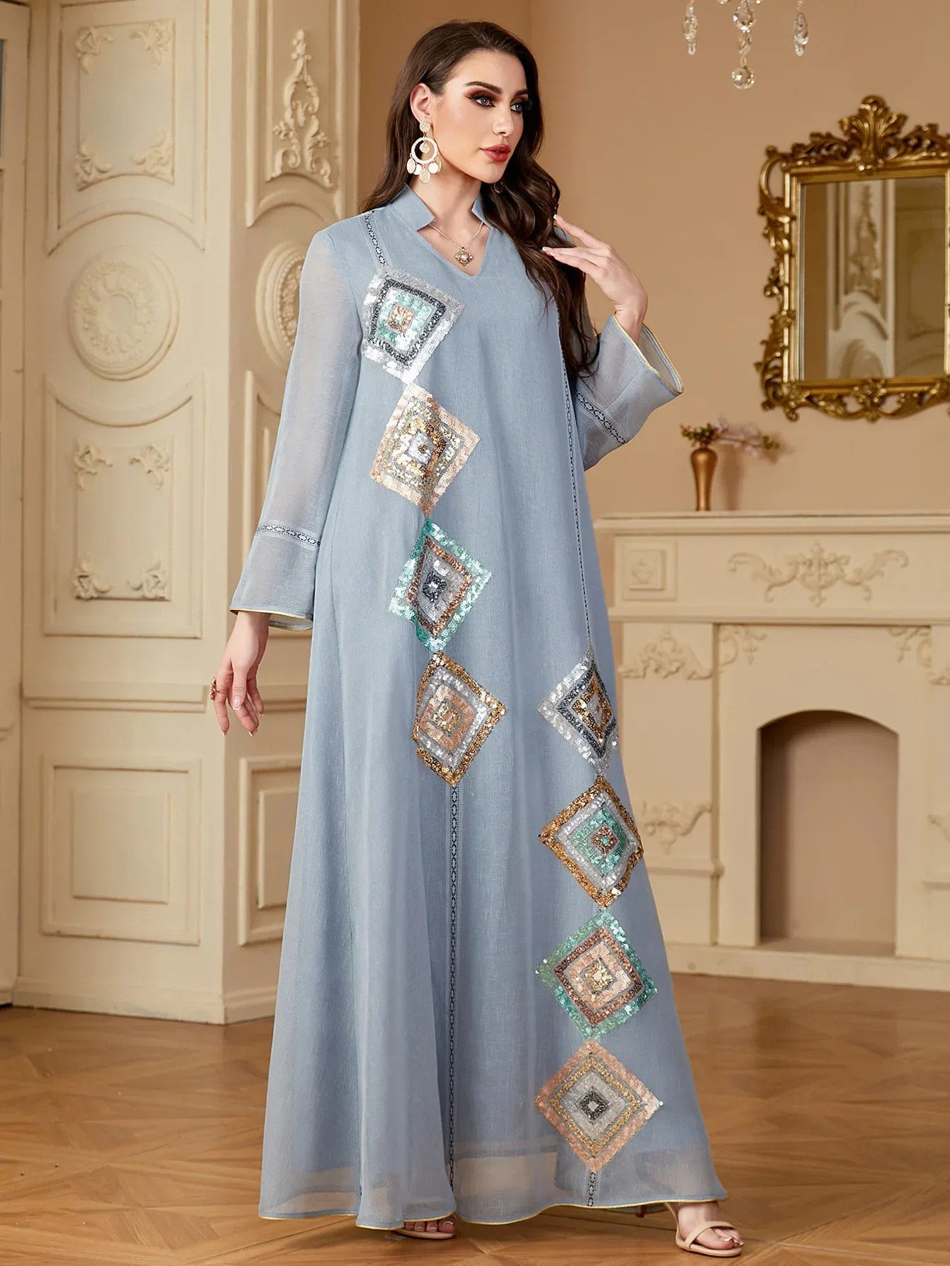 

Muslim Sequin Dresses for Women Dubai Kaftan Eid Djellaba Ramadan Islam Clothing Arab Robe Jalabiya Turkey Caftan Marocain Gown