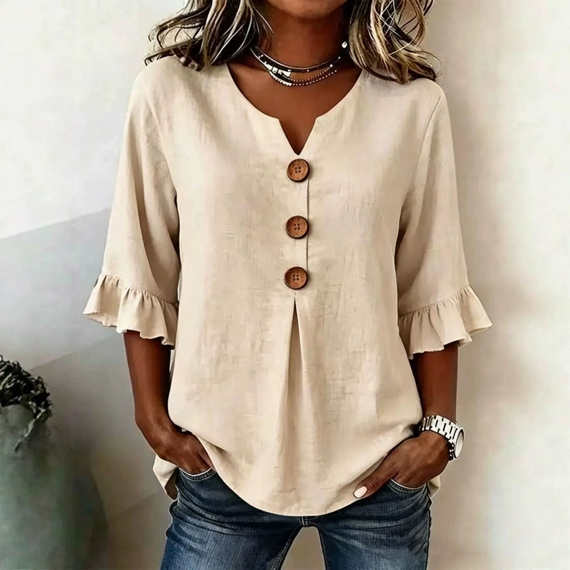 V Neck Button Front Blouse Regular Fit Casual with Short Sleeve Petal Sleeve Wrinkle Detail Pull on Regular Length Women Blouse 5