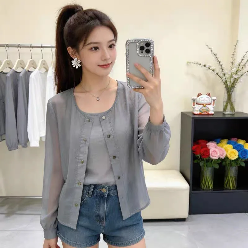 Women's Thin Silk Chiffon Shirt Jacket Summer Commute Style Loose Fit Long Sleeve round Neck Breathable Outerwear with Skirt