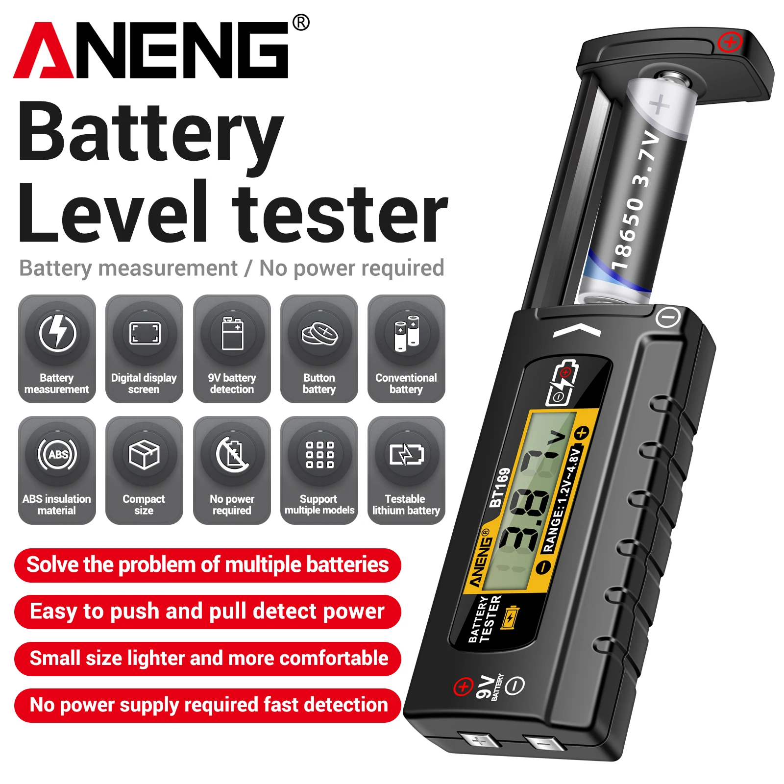 ANENG BT169 Portable Digital Battery Tester 1.2V-4.8V Universal Battery Level Detector AA AAA 9V 18650 Button Lithium Cell Check