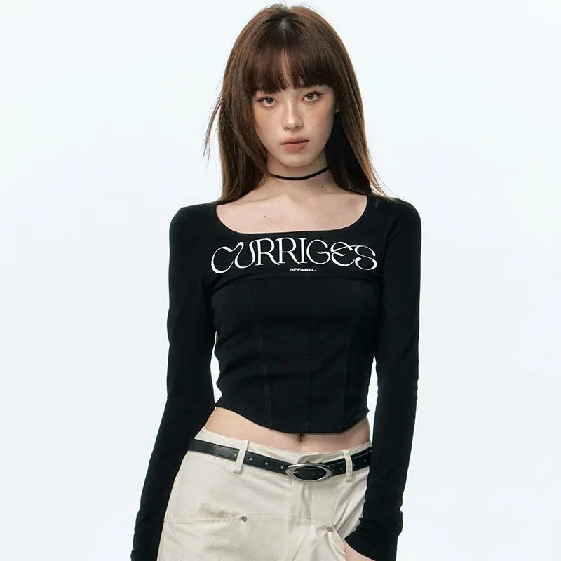 American Retro Slim Fit Tops, Spring Autumn Long Sleeve Personalized Letter Printing T-Shirts, Women Party Club Sexy Crop Top