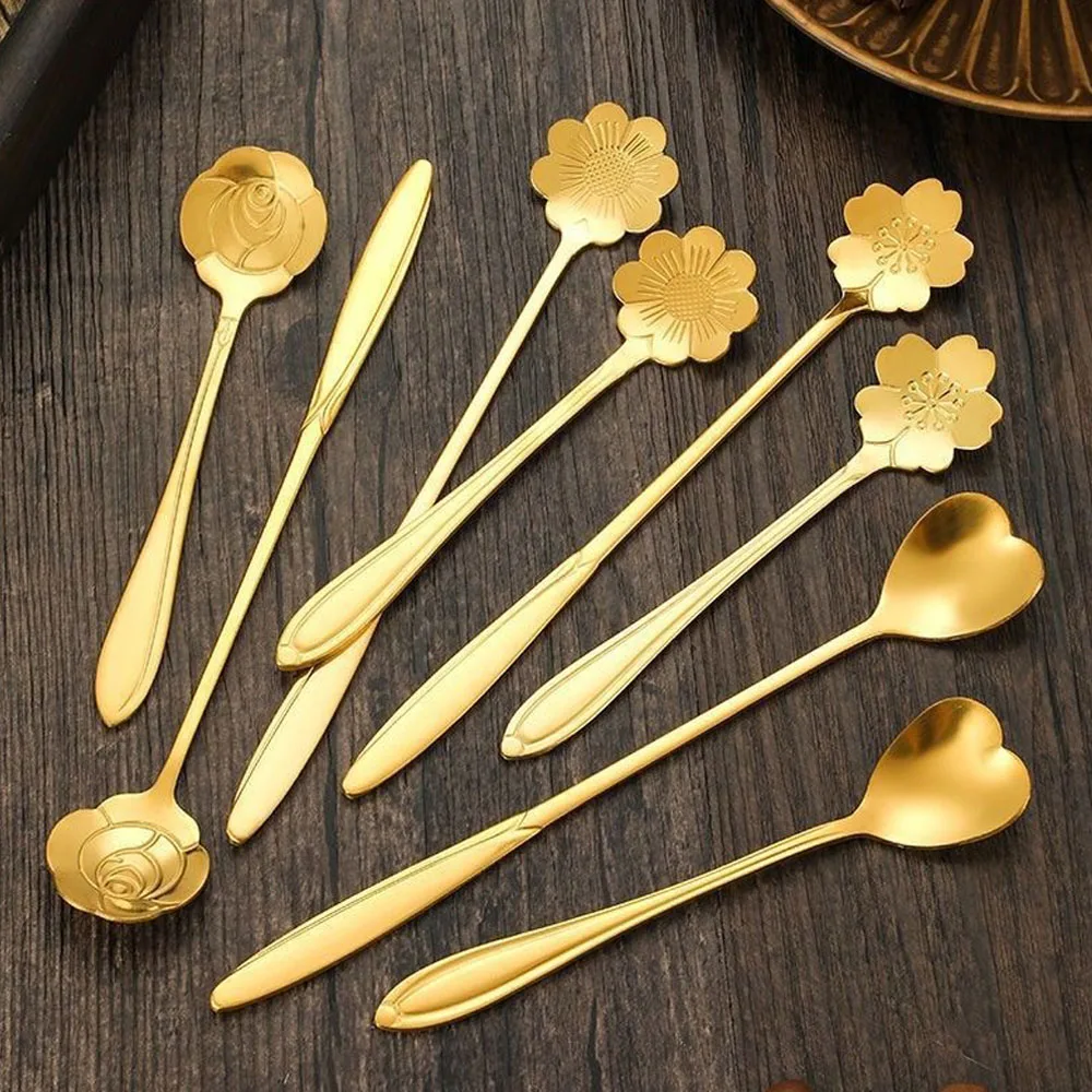 6pcs Stainless Steel Heart Rose Flower Gold Scoop Coffee Spoon Gifts Kitchen Dessert Dining Accessories Tableware Decoration Set