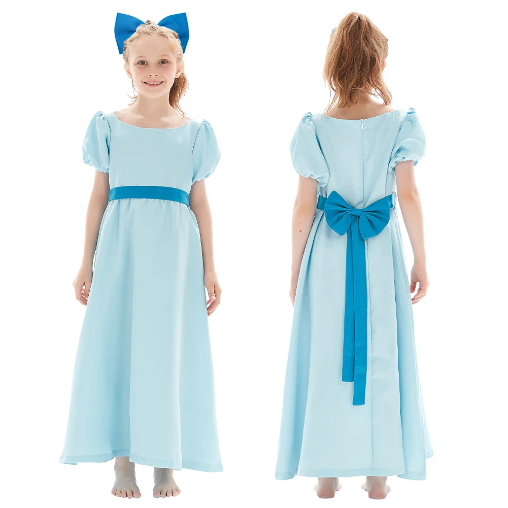 Peter Pan Cosplay para meninas, Wendy Cosplay, fantasia fantasia, disfarce infantil, terno de Halloween para crianças, vestido azul