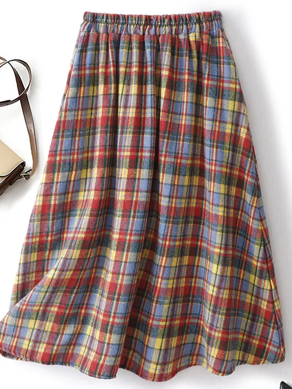 

High Waist Midi Plaid Woolen Skirt Fashionable Loose All-Match Design Commute Korean Style A-Line Skirt for plus Size Women