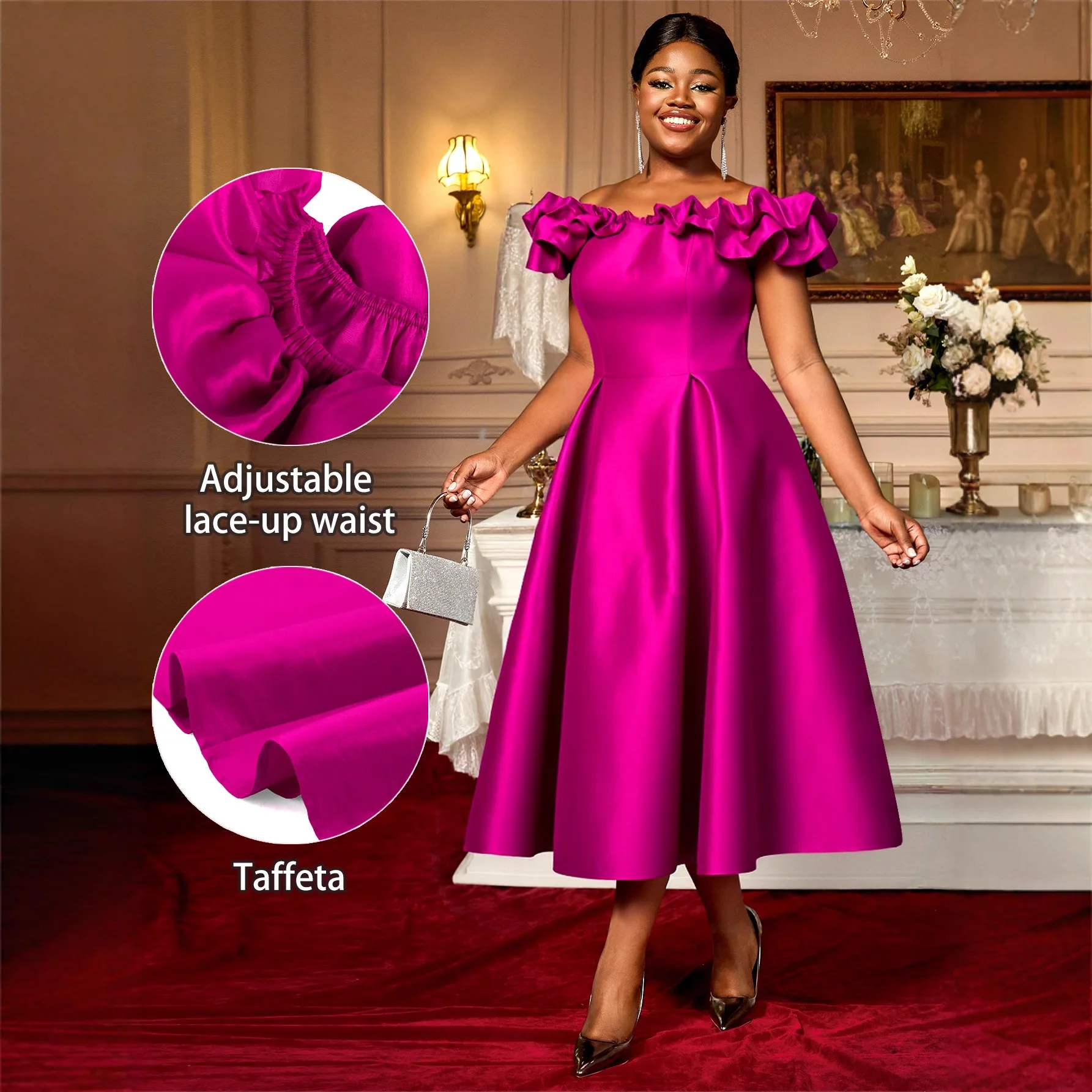 

Элегантное женское платье миди больших размеров, цвета розового золота, с рюшами по краю и открытыми плечами, с эффектом утяжки талии, в пол.