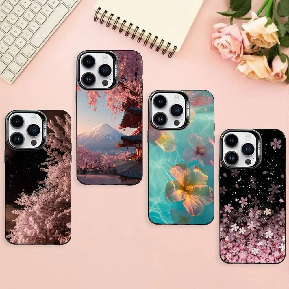 

Sakura Phone Case For iPhone17,16,15,14,13,12,11 Plus,Pro Max Black Border Silver Plated Cover