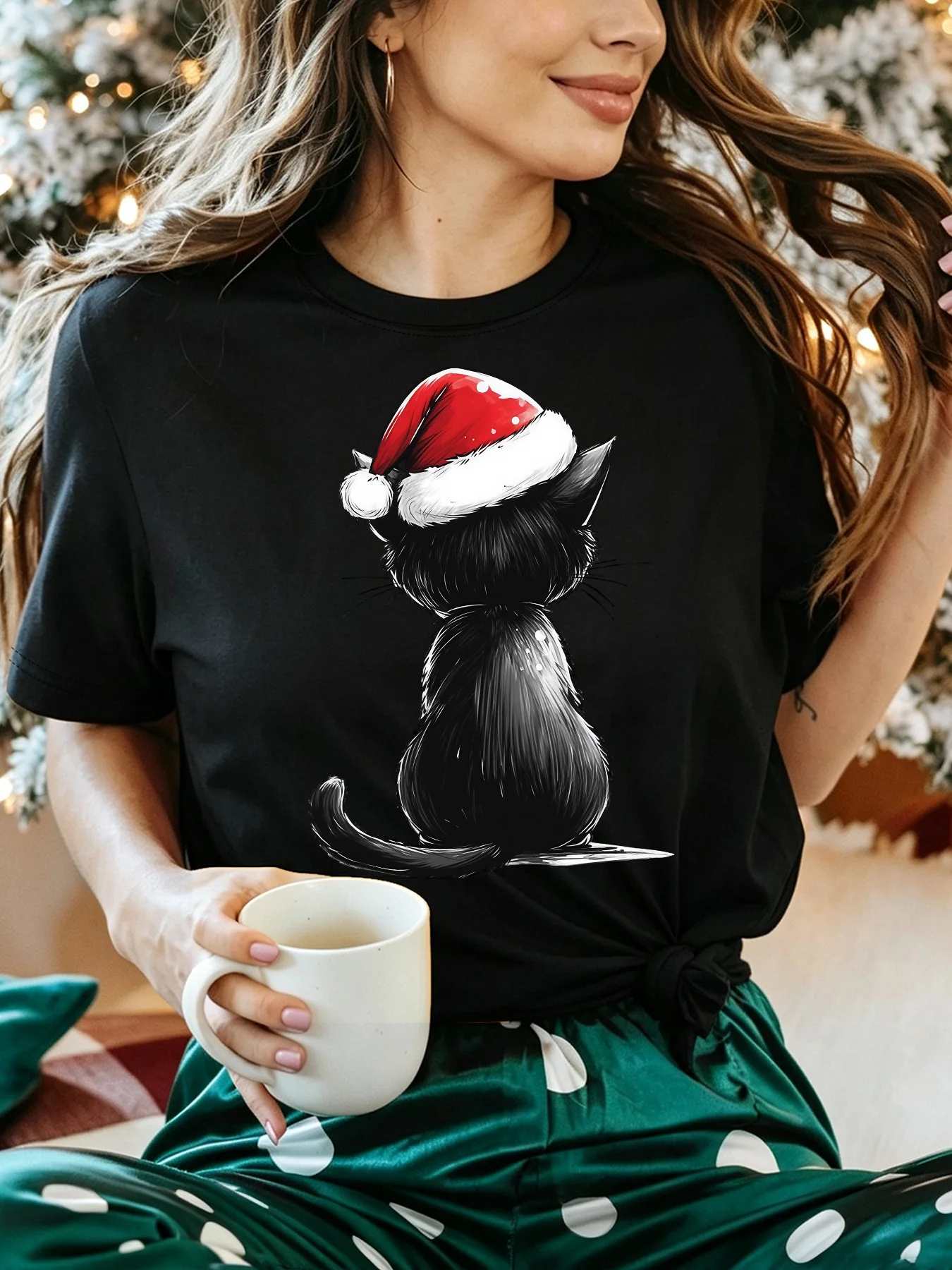 Winter Holiday Womens T Shirt Cute Back View Black Cat Wearing Santa Hat Print Short Sleeve O Neck Casual Party Daily Tops