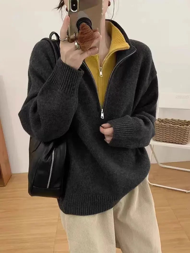 

Высококачественный женский шерстяной вязаный свитер на молнии, свободный свитер с воротником-стойкой, осень-зима, новый Sle для поездок на работу