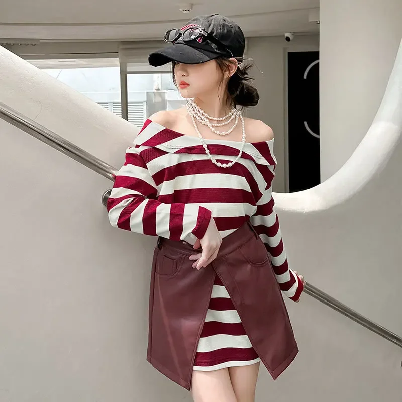 2024 Autumn Fashion Versatile Irregular Shoulder Contrast Stripe T-shirt with Waist Cover Short Skirt Two Piece Set