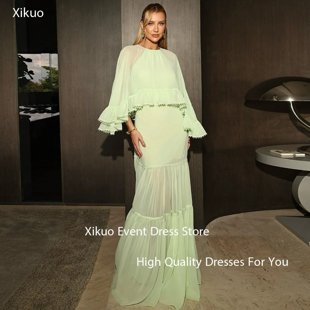 Xikuo Elegant Green Chiffon Evening Gowns A Line Illusion Robe Cocktail Femmes Pleated Cocatail Party Prom Dresses Customized