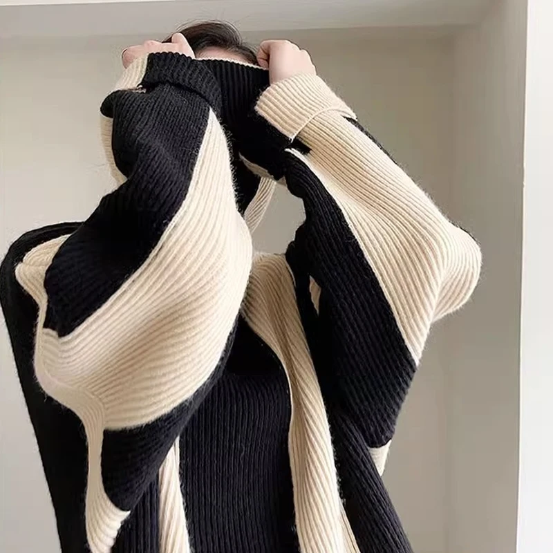 Women Turtleneck Vertical Stripe Pattern Textured Color Block Drop Shoulder  Loose Sweater,Long Sleeve Tops