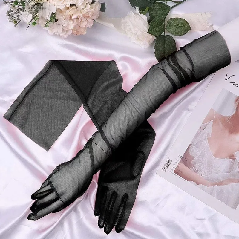 70CM DIY Thin Mesh Transparent Solid Soft Sexy Cosplay Fashion Personality Dress Accessories Stage Performance Women Long Gloves