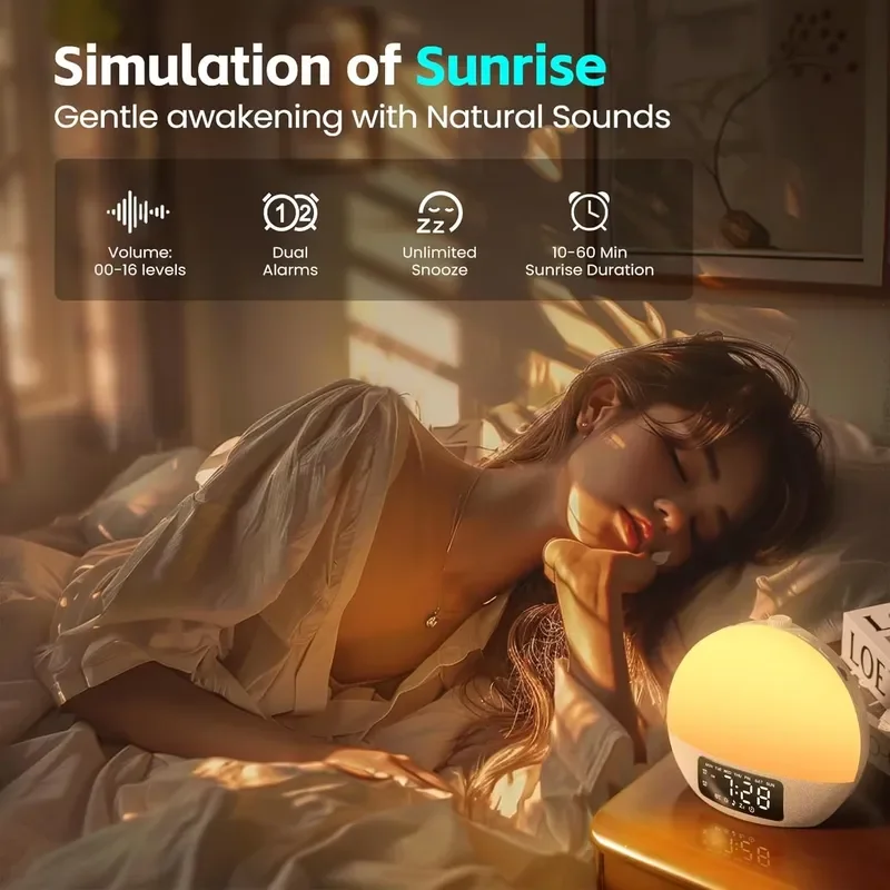 Smart Sunrise Alarm Clock with White Noise Sound Machine Portable Wake Up Light for Baby Kids Night Sleep Aid Home Bedroom