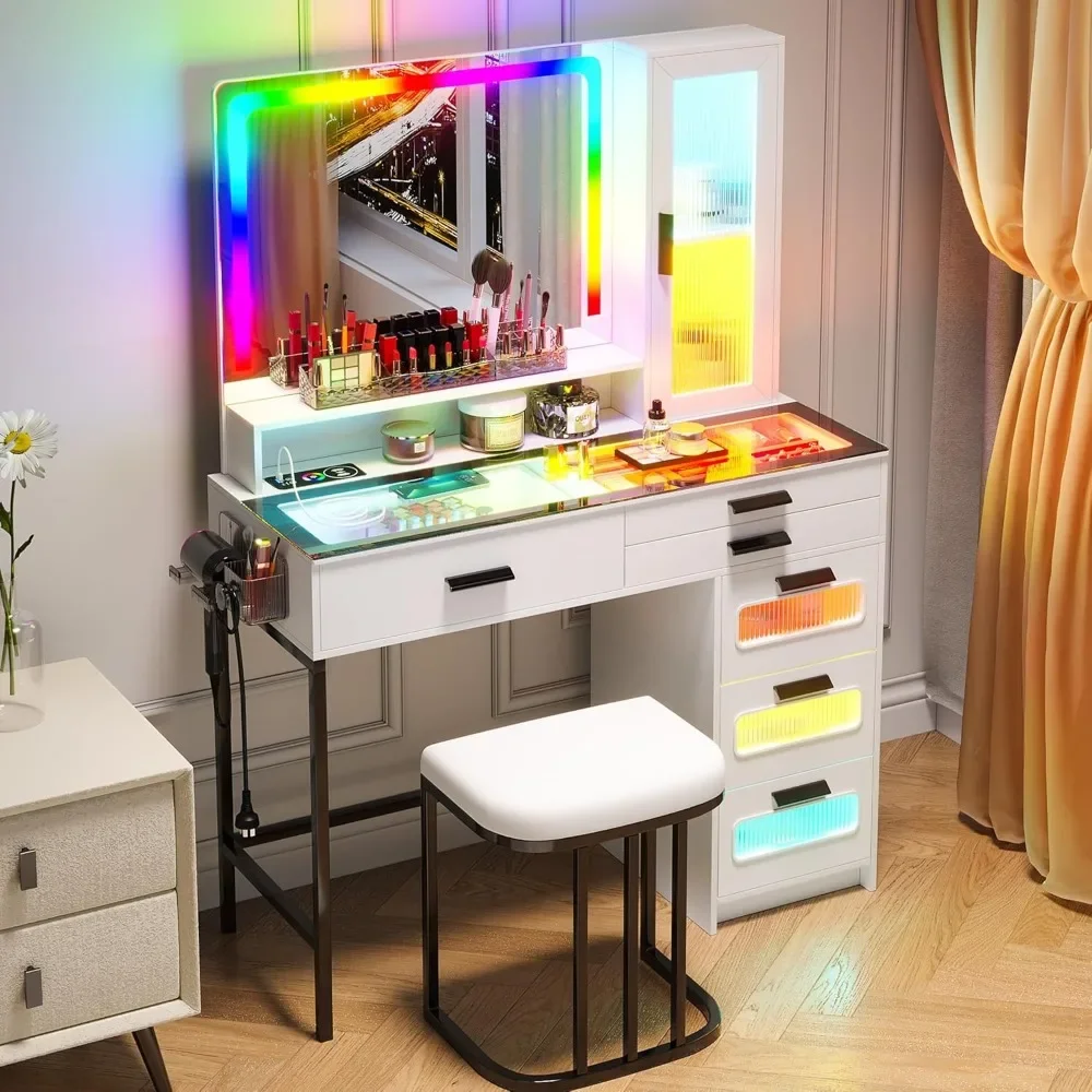 Vanity Desk Set with Mirror and RGB LED Lights, Makeup Vanity with Charge & Stool, 39.5