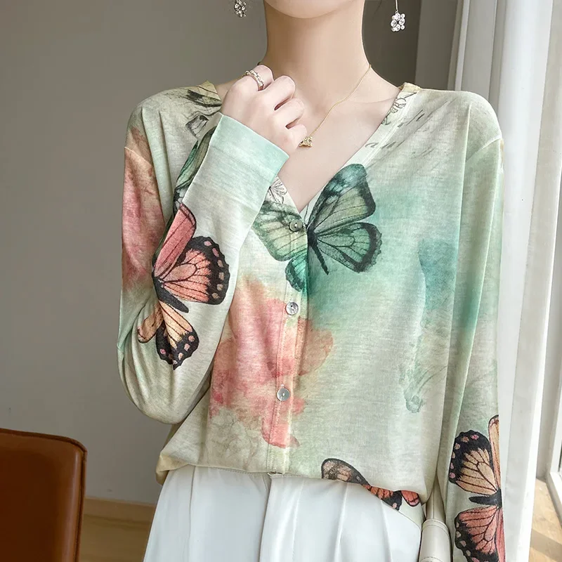 Primavera 2025 novo temperamento superior lã malhas com decote em v cardigan feminino verão camisa de fundo jacquard camisola casaco