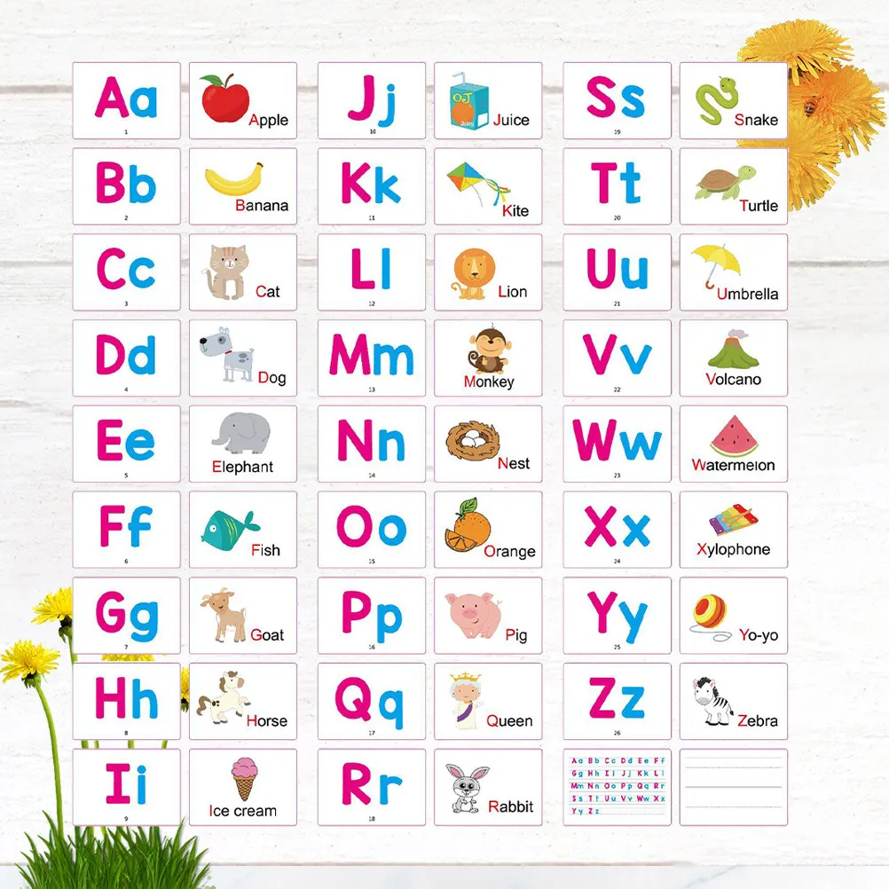 

27Pcs Children Early Educational Alphabet Letter Cards Premium Quality Hard to Bend Double-Sided Cartoon English Word