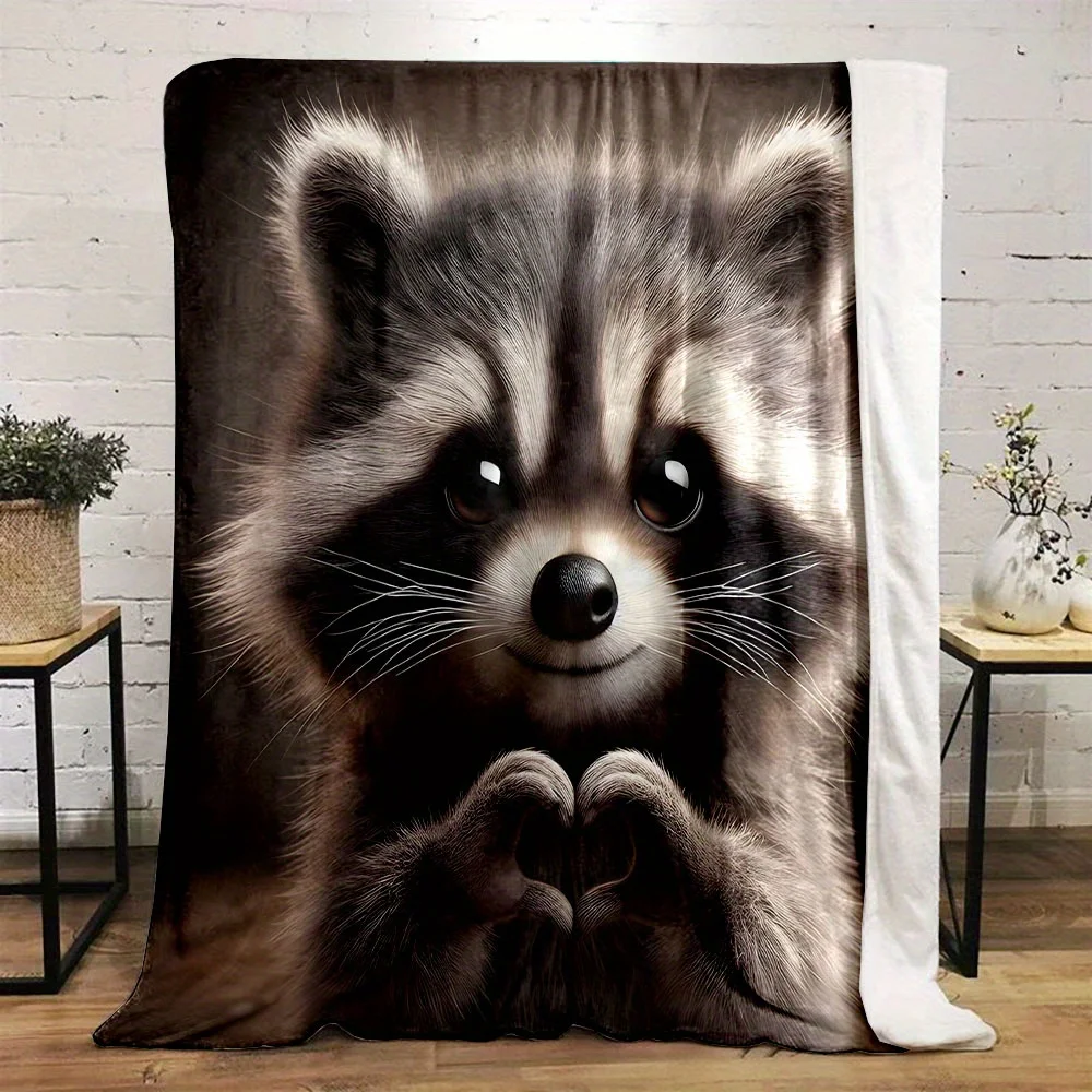 Cozy Raccoon Print Flannel Throw Blanket - Soft, Reversible & Machine Washable for Perfect for Bed, Sofa, Camping