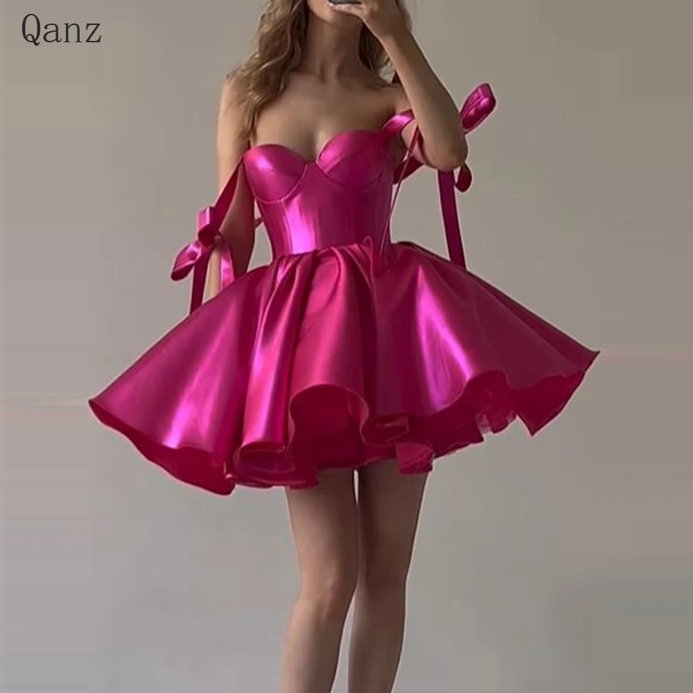 Krótkie sukienki wieczorowe Qanz suknie na bal maturalny kochanie odpinane paski Spaghetti z kokardą Mini klubowe sukienki na imprezę Vestidos De Gala