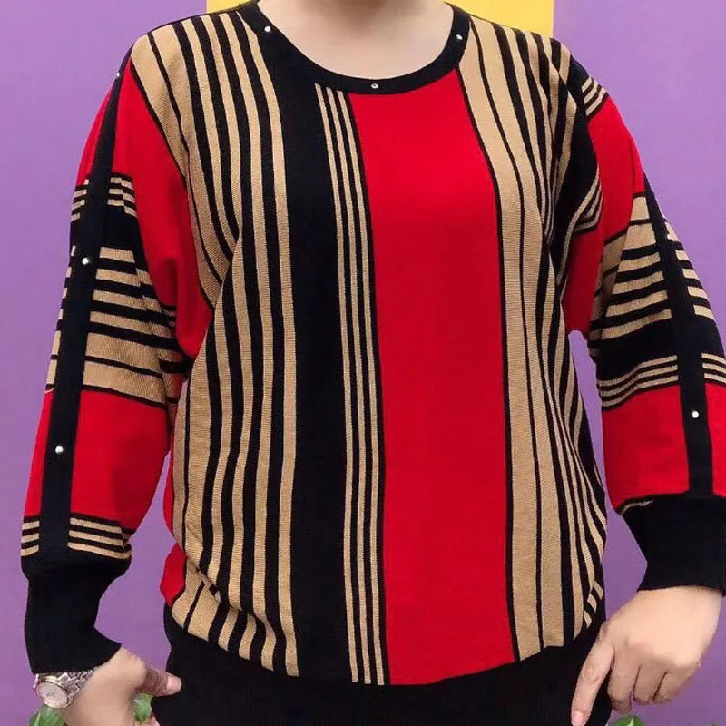 Women\'s Spring Autumn Contrasting Colors Striped Tops Causal Commute Stylish Rivets O-Neck Knitted Long Sleeve Vintage Pullovers