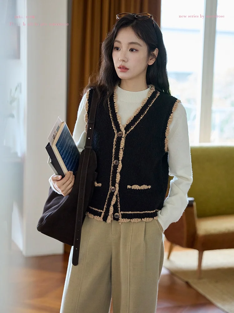 

Moriirose Women's Bla V-Ne Color Blo Knitted Vest Winter Thiened Retro Layering Svel Jaet Cotton 00%