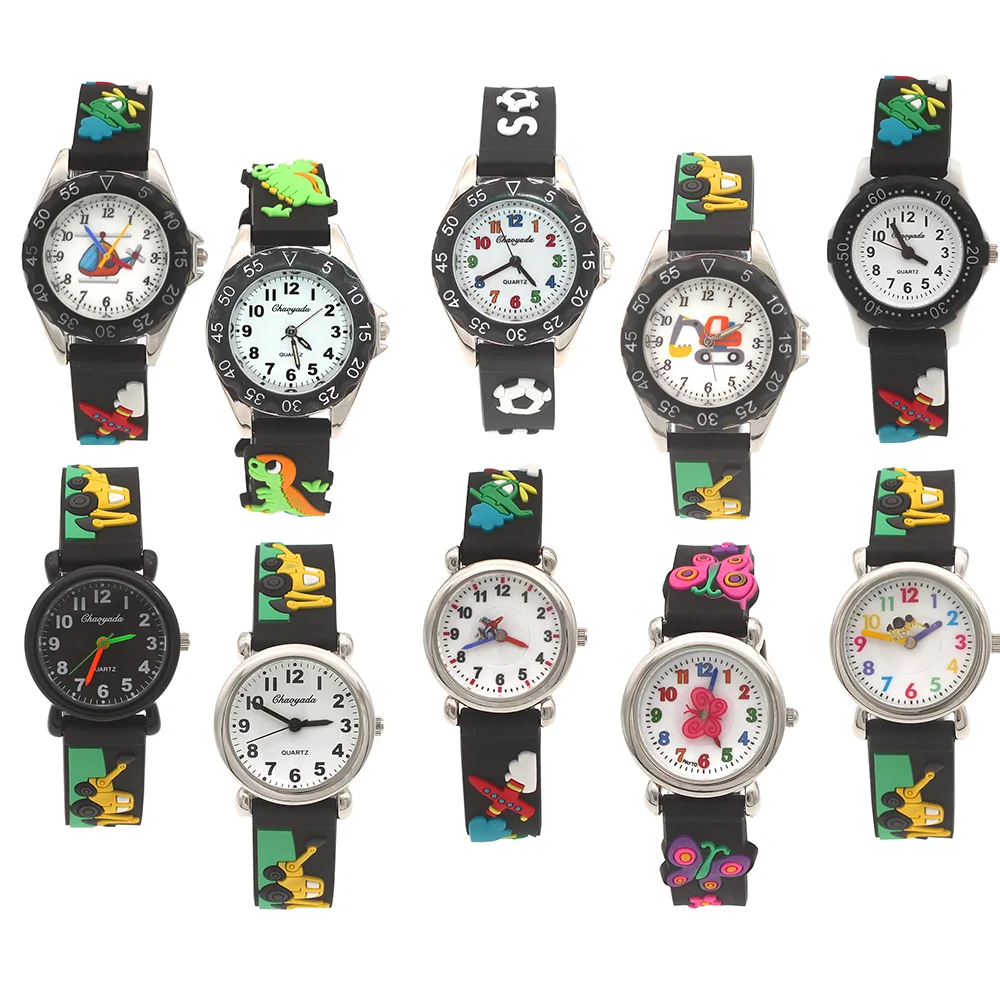 ขายส่ง 10 ชิ้น/ล็อตผสมจํานวนมากเด็กผู้หญิงนาฬิกาสายการ์ตูนสีดําสุ่มรูปแบบนาฬิกาเด็ก